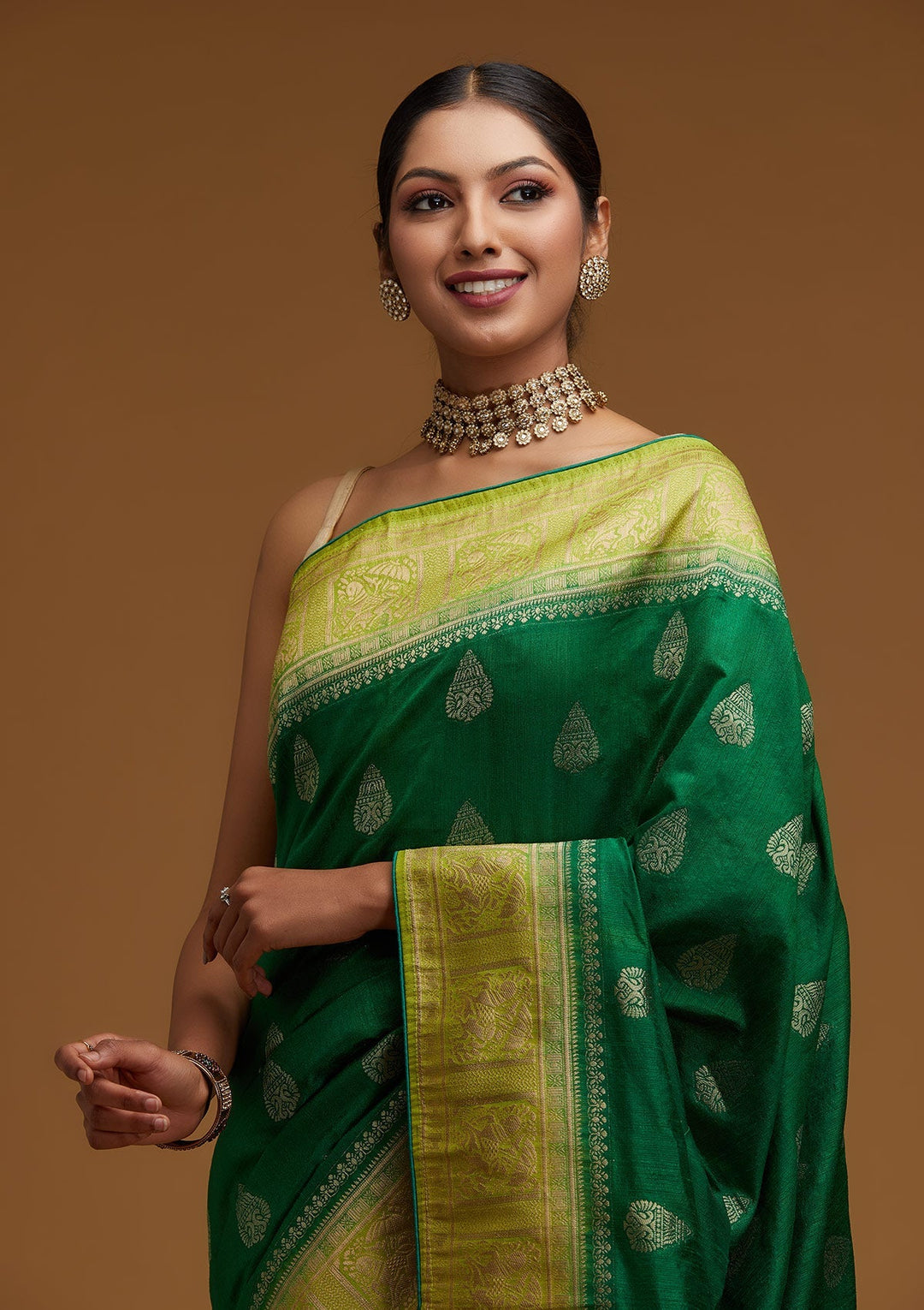 Bottle Green Zariwork Raw Silk Designer Saree - Koskii