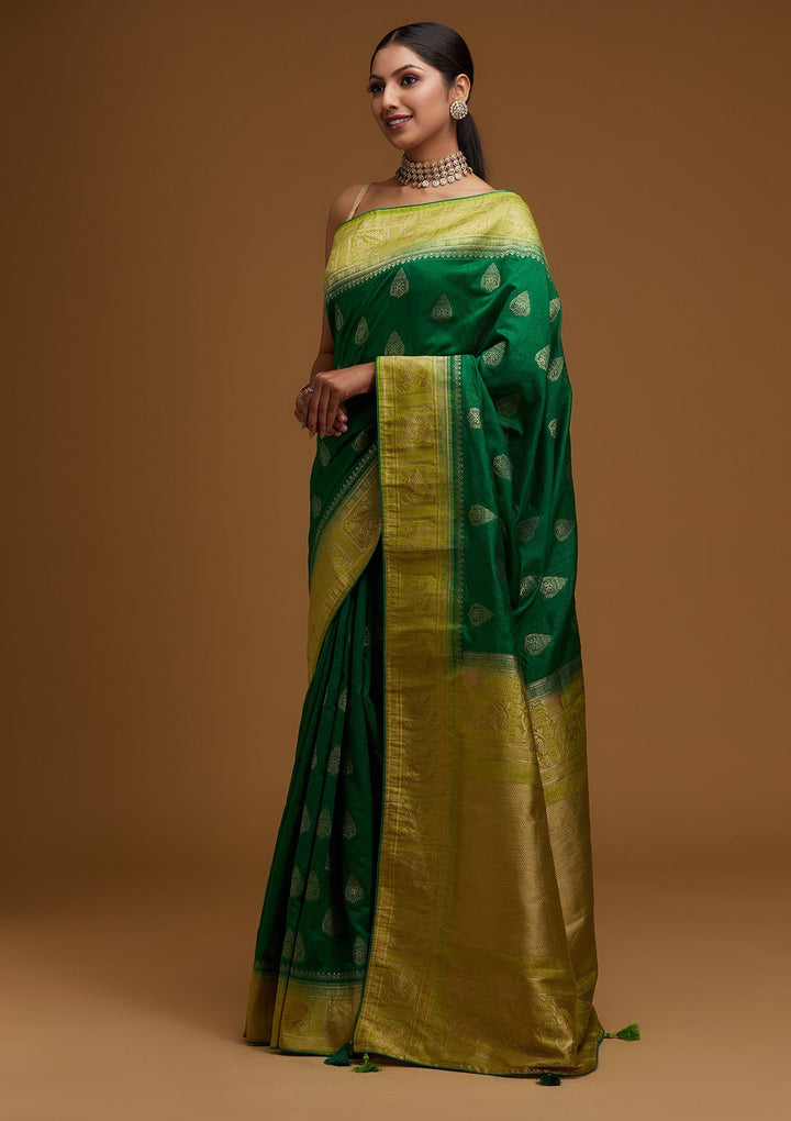 Bottle Green Zariwork Raw Silk Designer Saree - Koskii