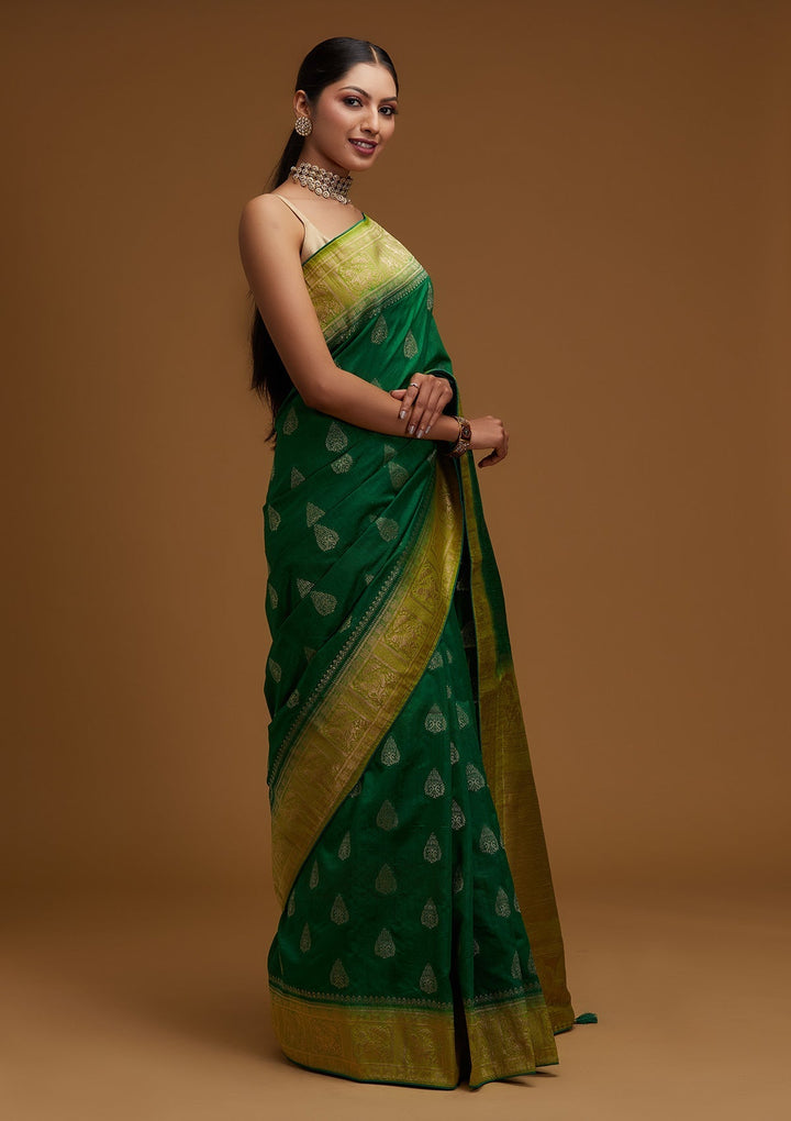 Bottle Green Zariwork Raw Silk Designer Saree - Koskii