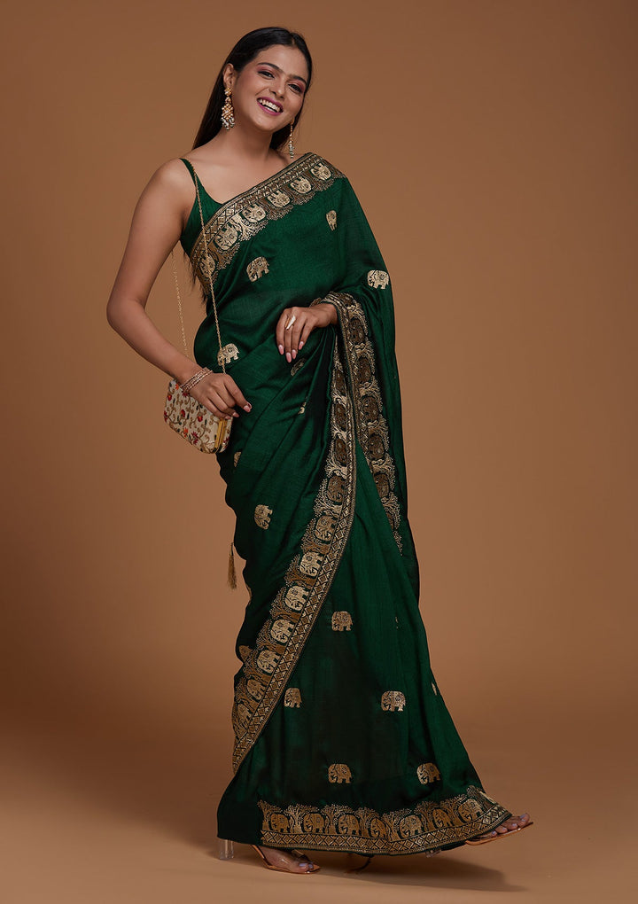 Bottle Green Zariwork Raw Silk Saree - Koskii