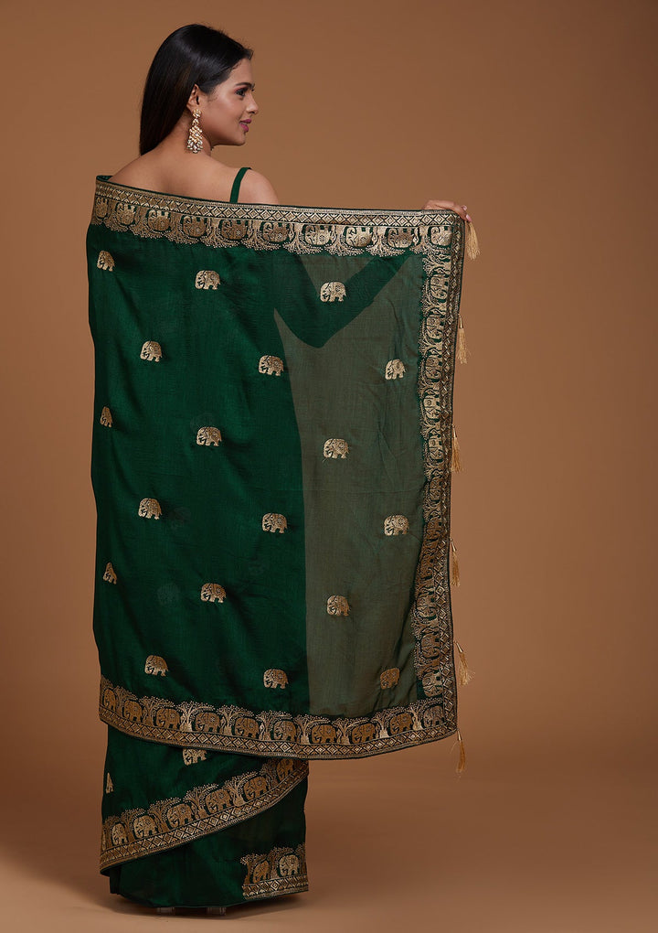 Bottle Green Zariwork Raw Silk Saree - Koskii