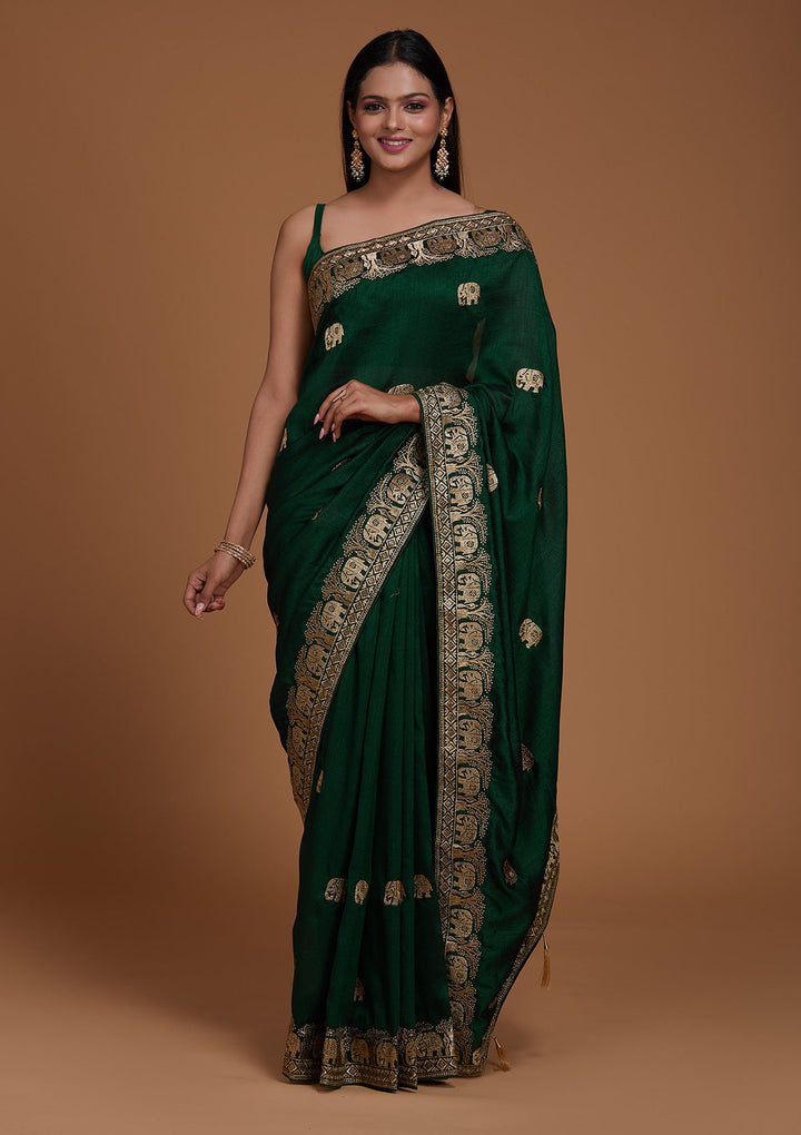 Bottle Green Zariwork Raw Silk Saree - Koskii