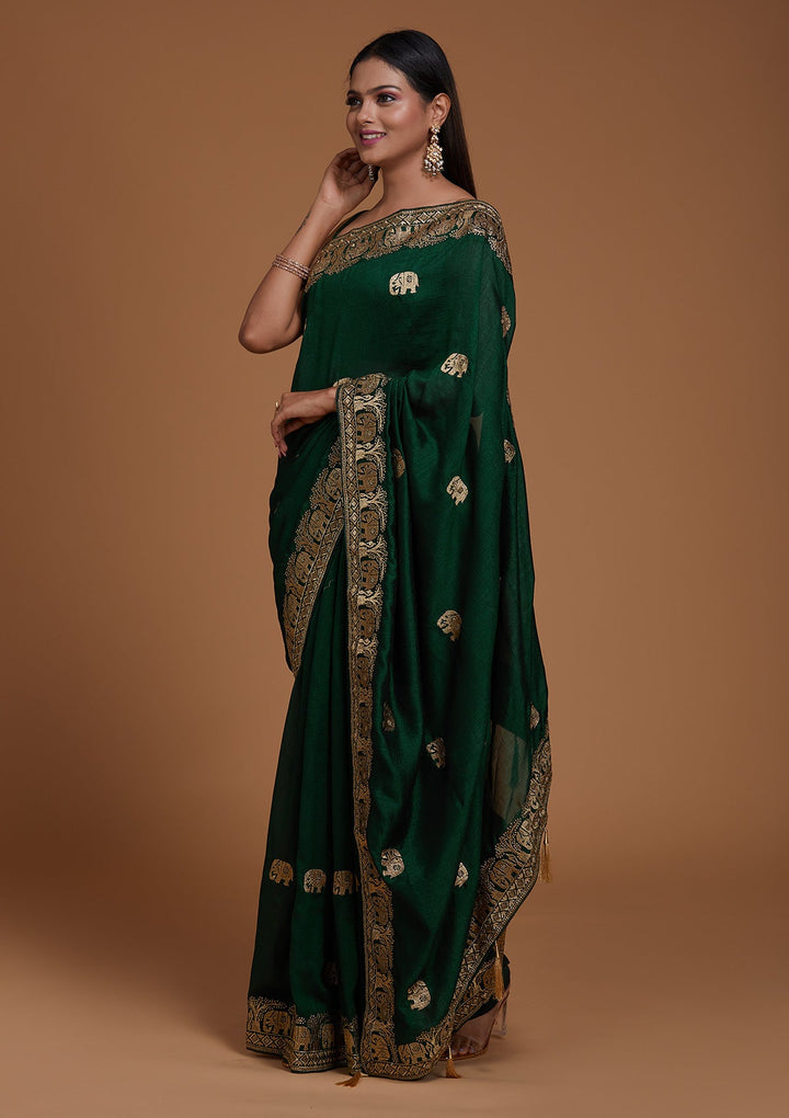 Bottle Green Zariwork Raw Silk Saree - Koskii
