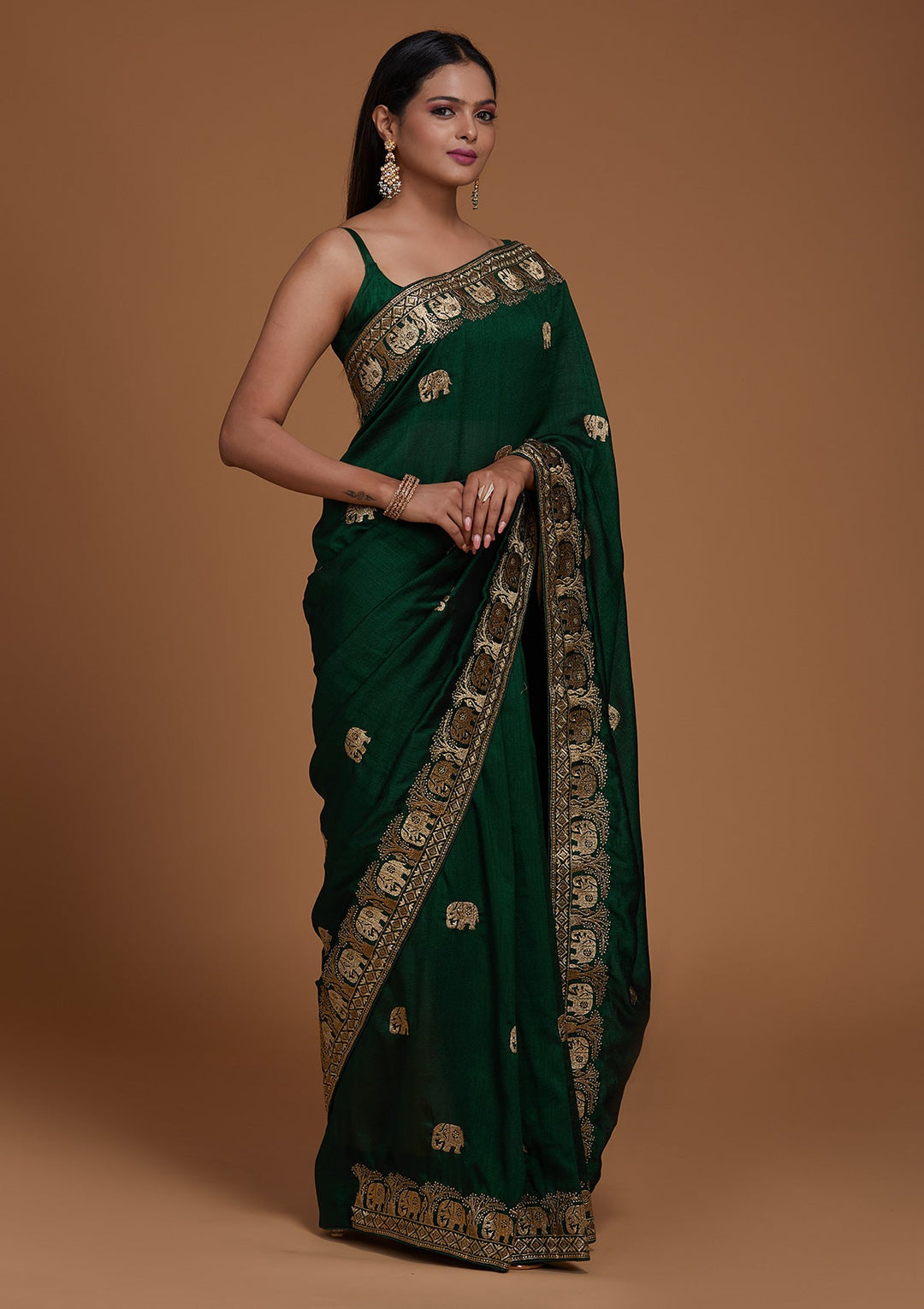 Bottle Green Zariwork Raw Silk Saree - Koskii