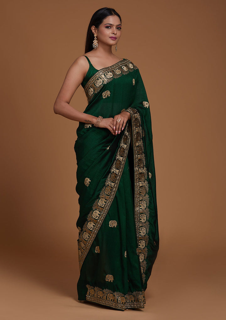 Bottle Green Zariwork Raw Silk Saree - Koskii