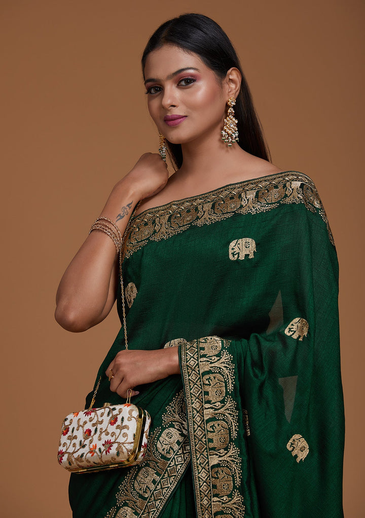 Bottle Green Zariwork Raw Silk Saree - Koskii