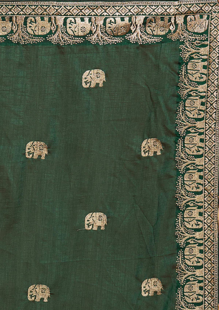 Bottle Green Zariwork Raw Silk Saree - Koskii