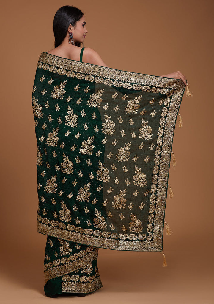 Bottle Green Zariwork Raw Silk Saree-Koskii