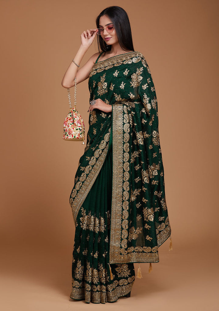 Bottle Green Zariwork Raw Silk Saree - Koskii