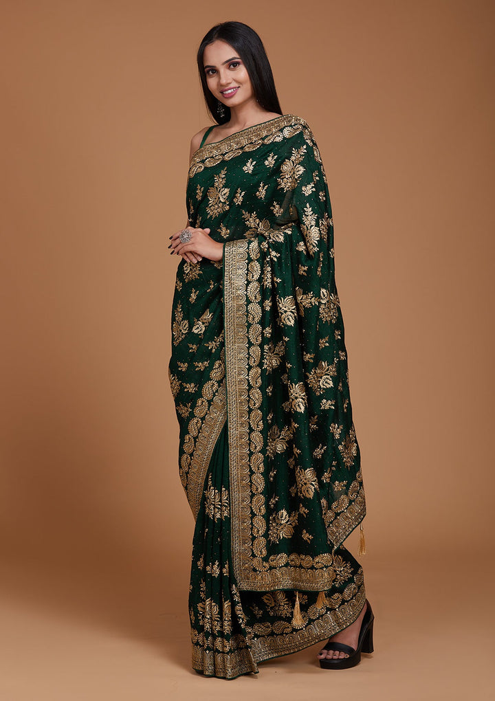 Bottle Green Zariwork Raw Silk Saree - Koskii