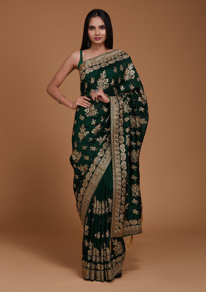 Bottle Green Zariwork Raw Silk Saree - Koskii