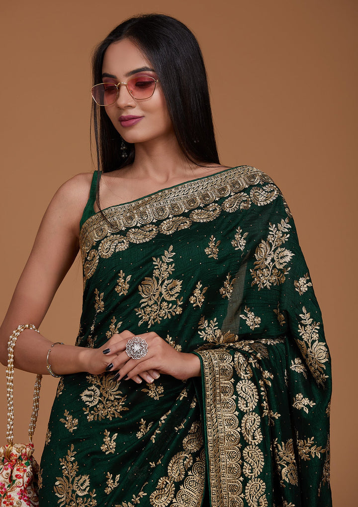 Bottle Green Zariwork Raw Silk Saree - Koskii