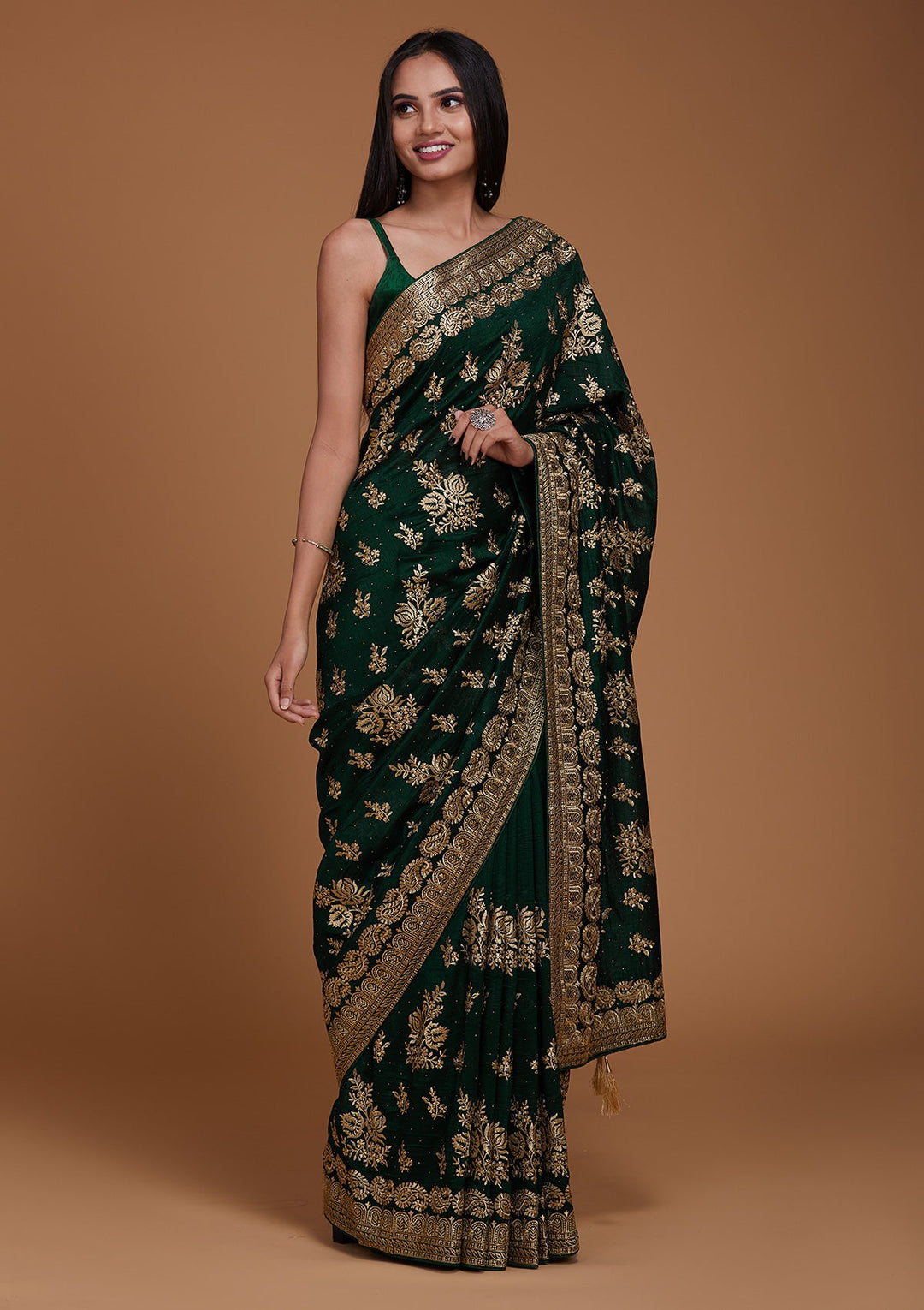 Bottle Green Zariwork Raw Silk Saree - Koskii