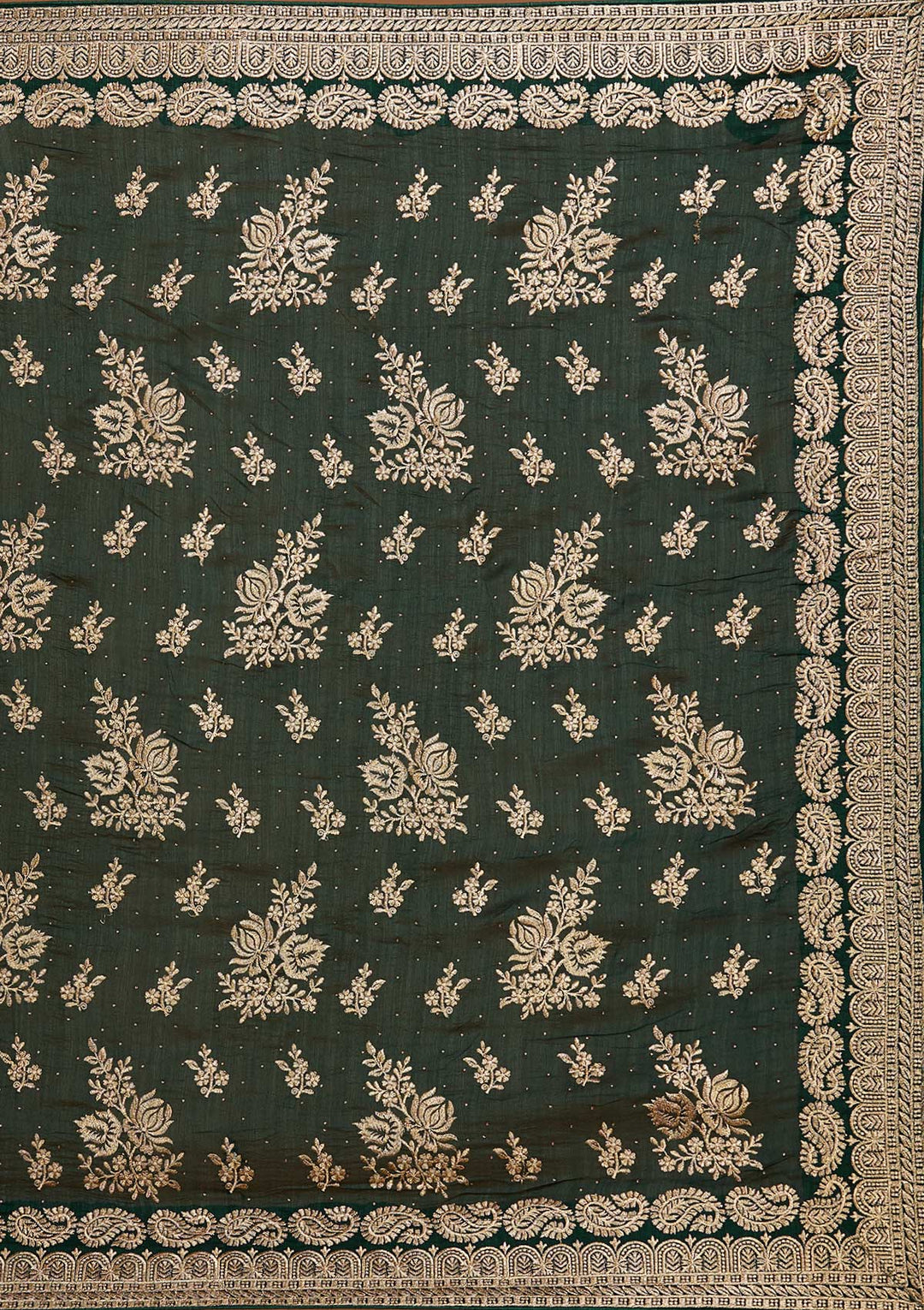 Bottle Green Zariwork Raw Silk Saree - Koskii