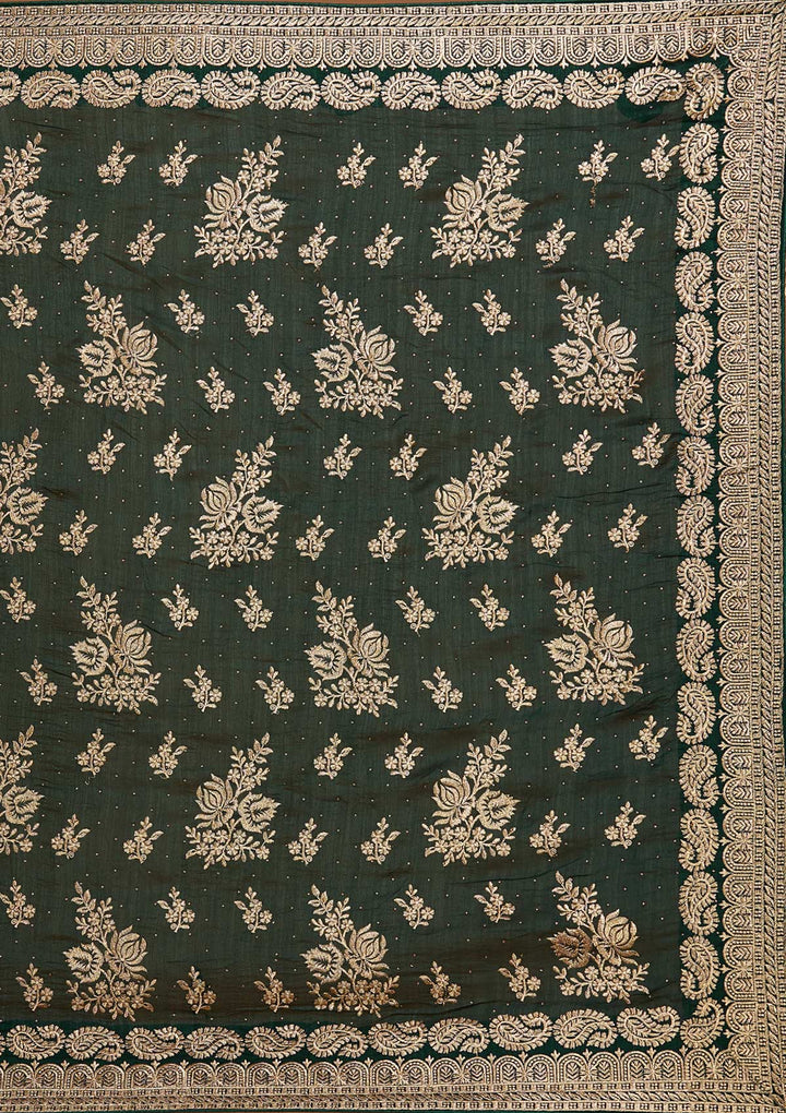 Bottle Green Zariwork Raw Silk Saree - Koskii