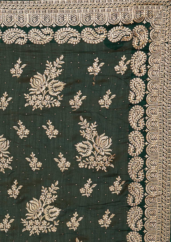 Bottle Green Zariwork Raw Silk Saree - Koskii