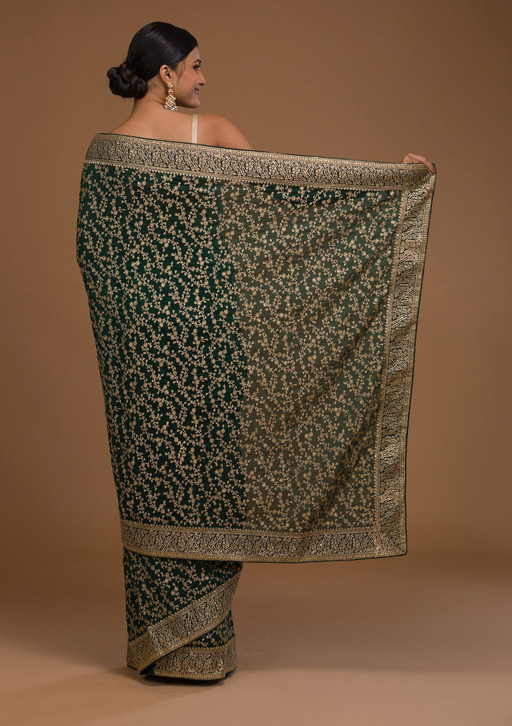 Bottle Green Zariwork Raw Silk Saree-Koskii