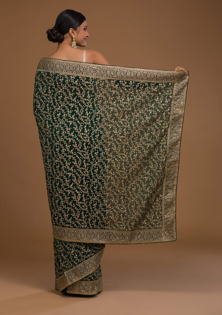 Bottle Green Zariwork Raw Silk Saree-Koskii