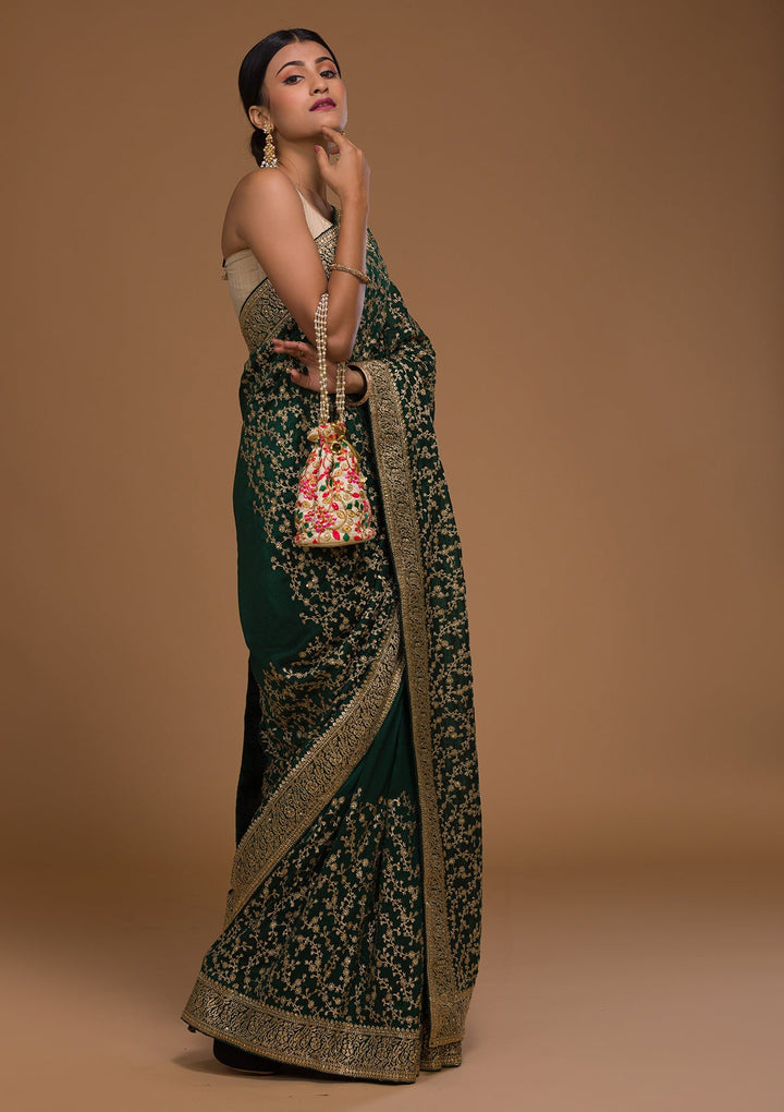 Bottle Green Zariwork Raw Silk Saree-Koskii