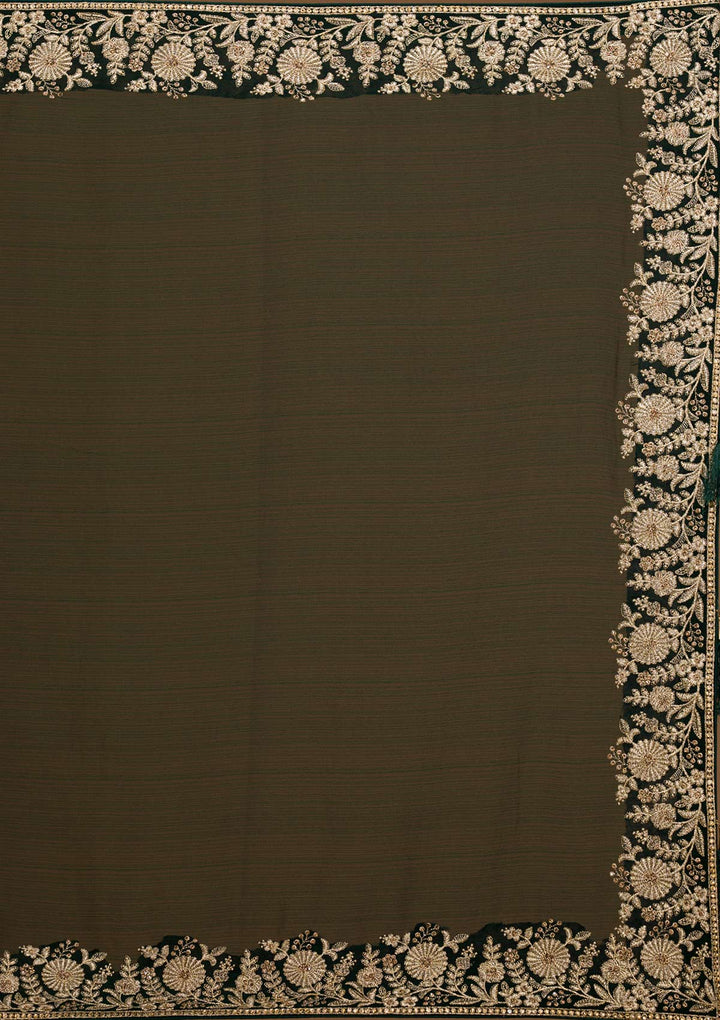 Bottle Green Zariwork Raw Silk Saree-Koskii