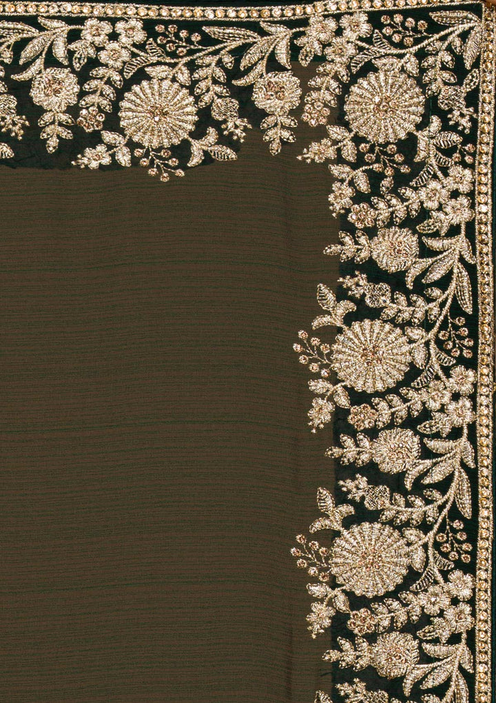 Bottle Green Zariwork Raw Silk Saree-Koskii