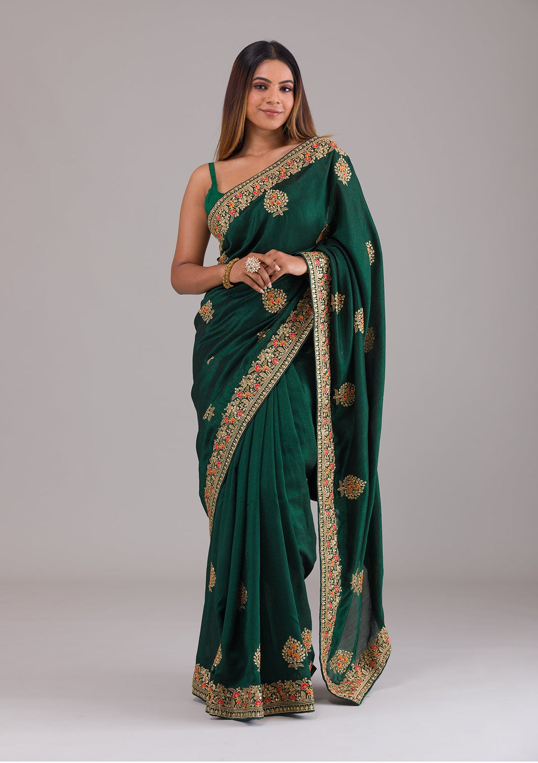 Bottle Green Zariwork Raw Silk Saree-Koskii