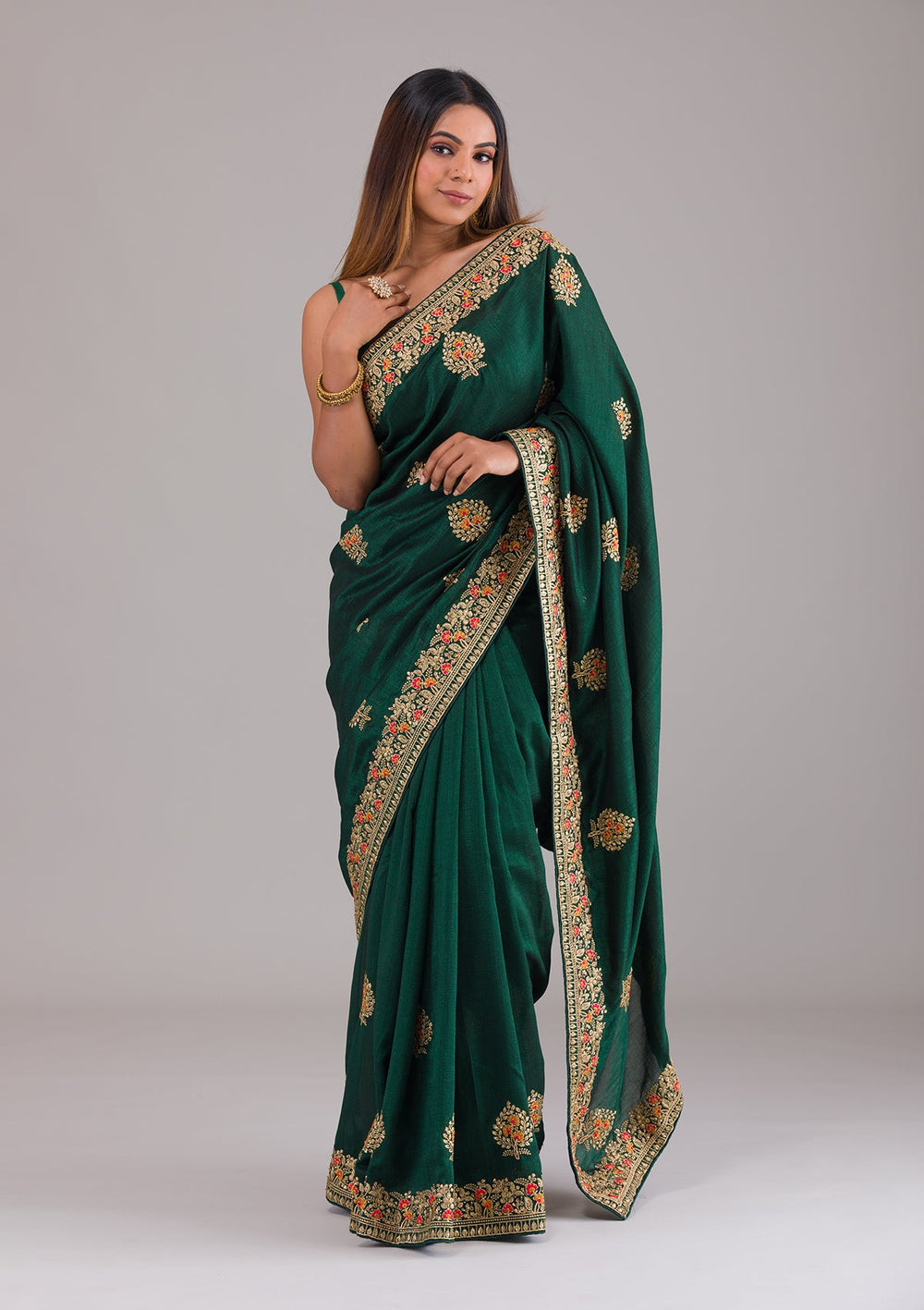 Bottle Green Zariwork Raw Silk Saree-Koskii