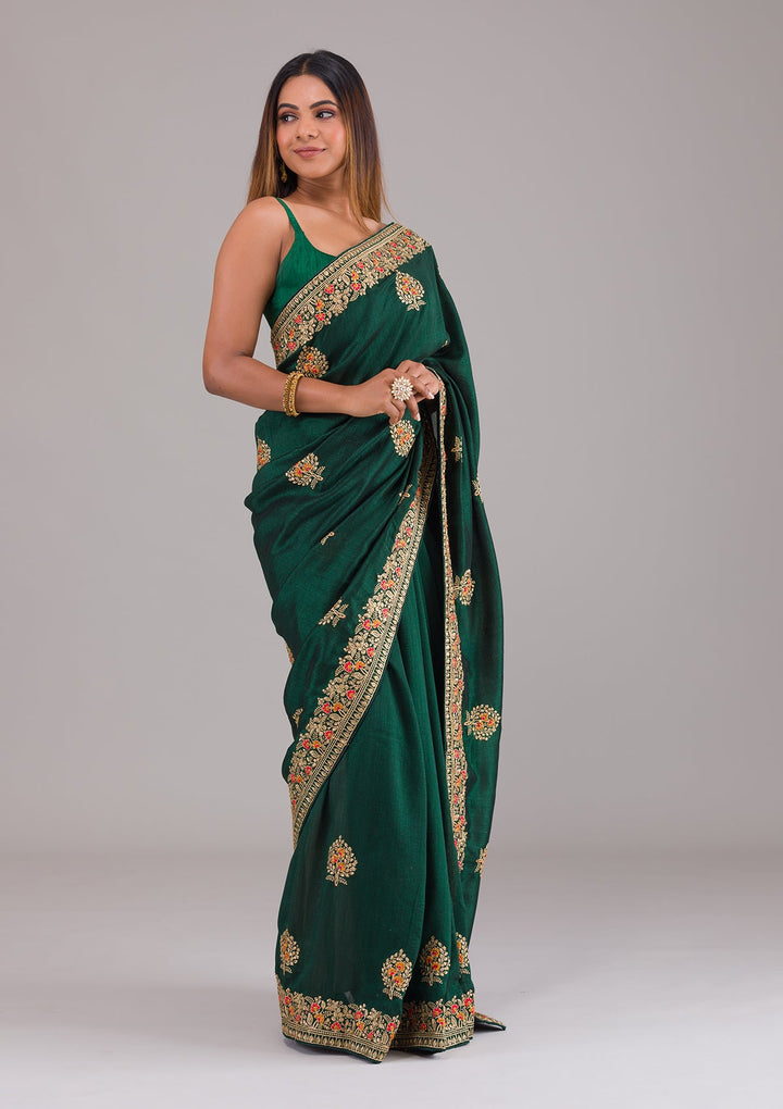 Bottle Green Zariwork Raw Silk Saree-Koskii