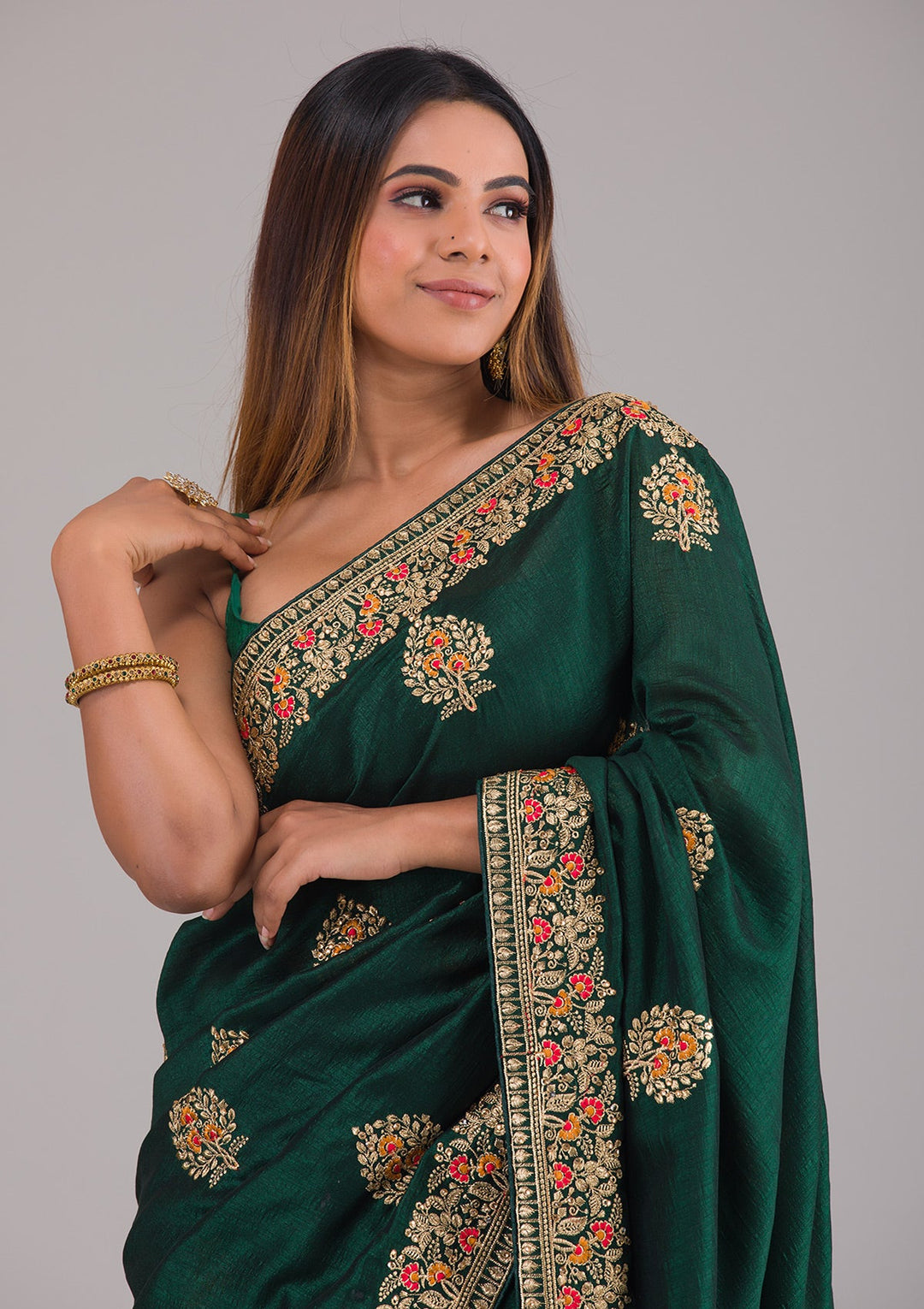 Bottle Green Zariwork Raw Silk Saree-Koskii