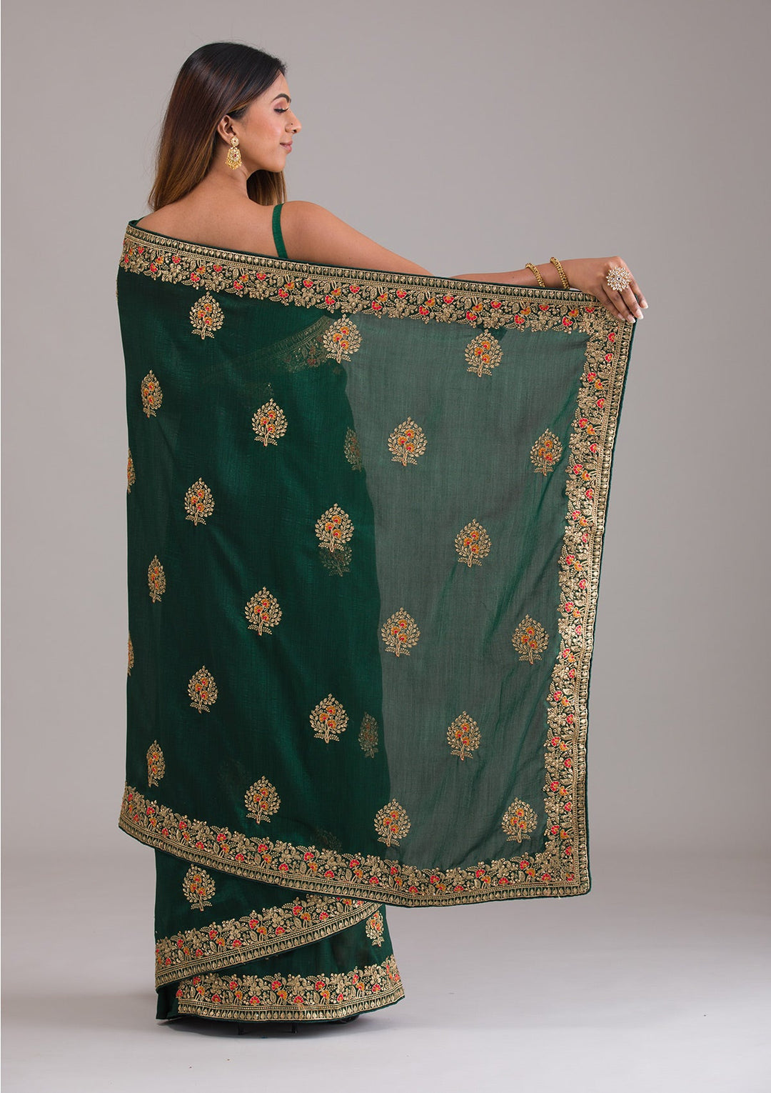 Bottle Green Zariwork Raw Silk Saree-Koskii