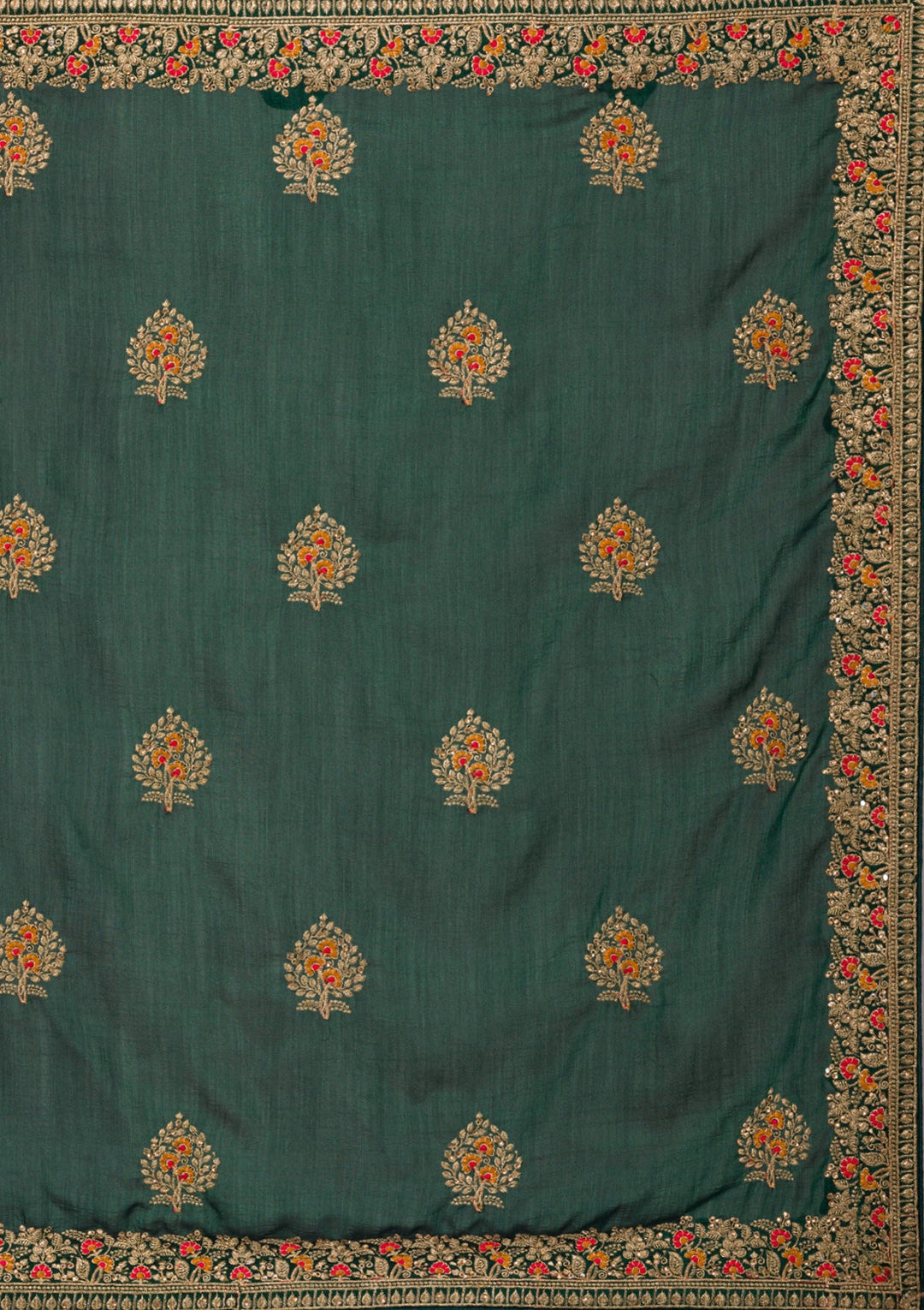 Bottle Green Zariwork Raw Silk Saree-Koskii