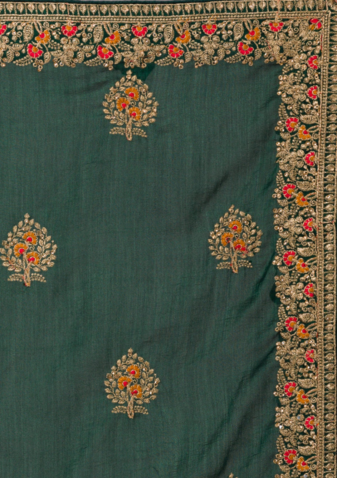 Bottle Green Zariwork Raw Silk Saree-Koskii