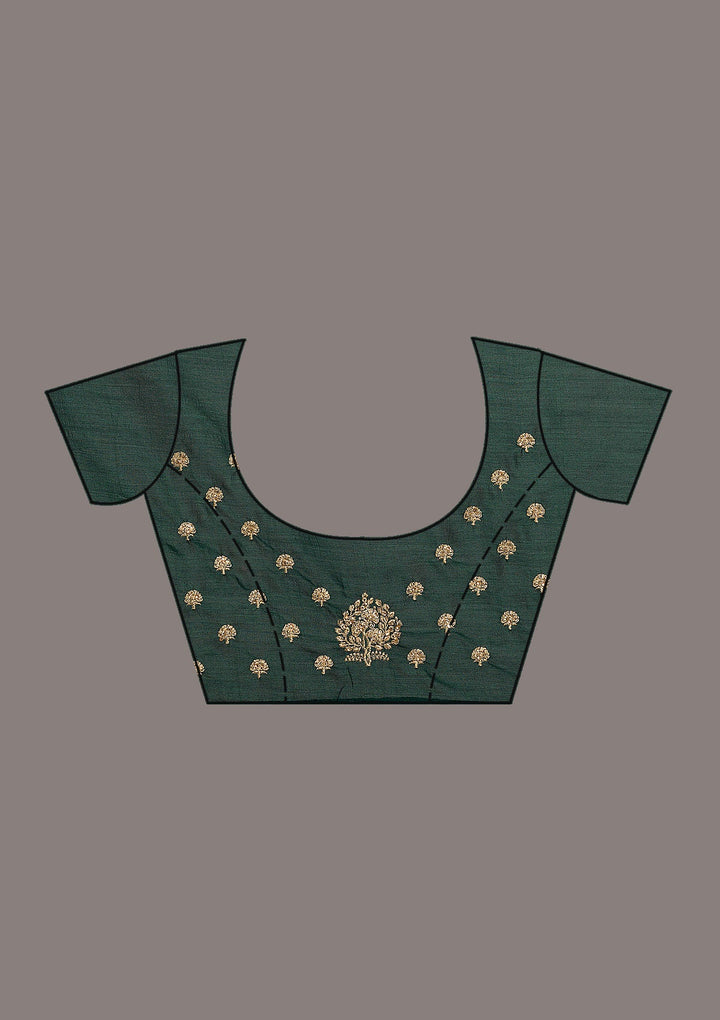 Bottle Green Zariwork Raw Silk Saree-Koskii