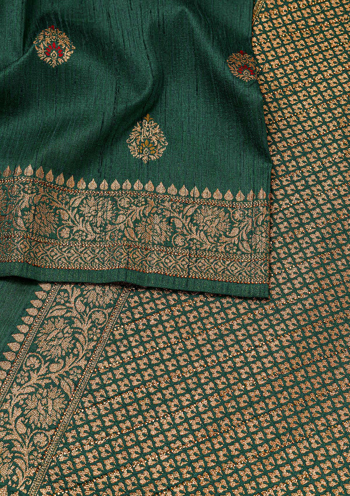 Bottle Green Zariwork Raw Silk Saree-Koskii