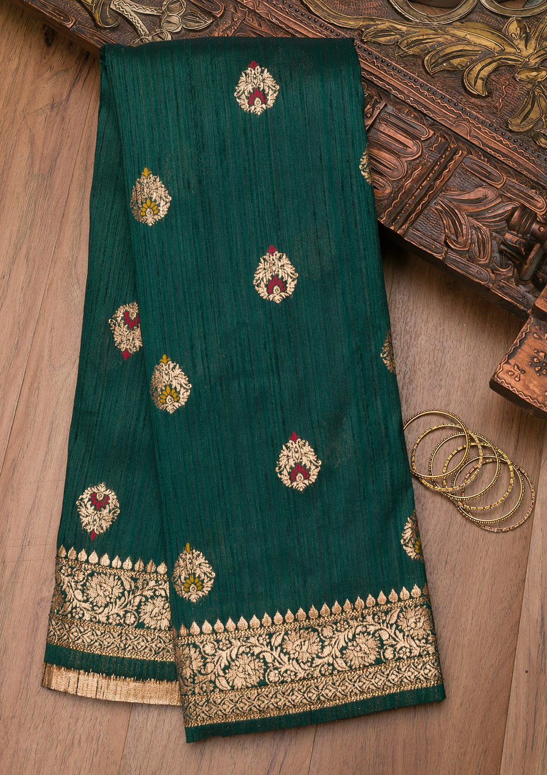 Bottle Green Zariwork Raw Silk Saree-Koskii