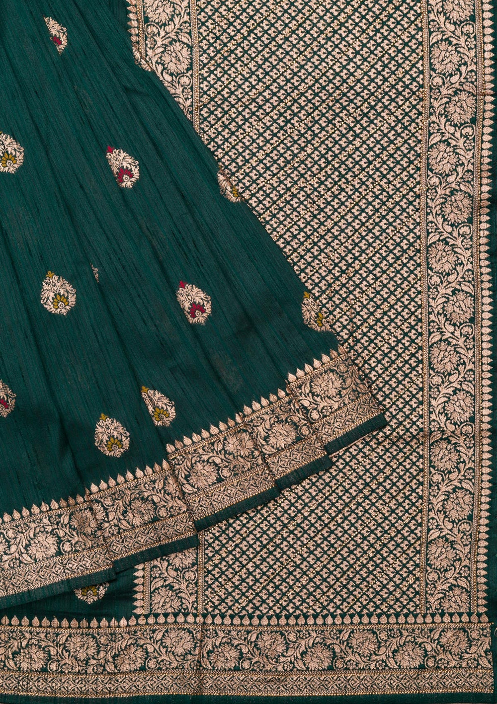 Bottle Green Zariwork Raw Silk Saree-Koskii