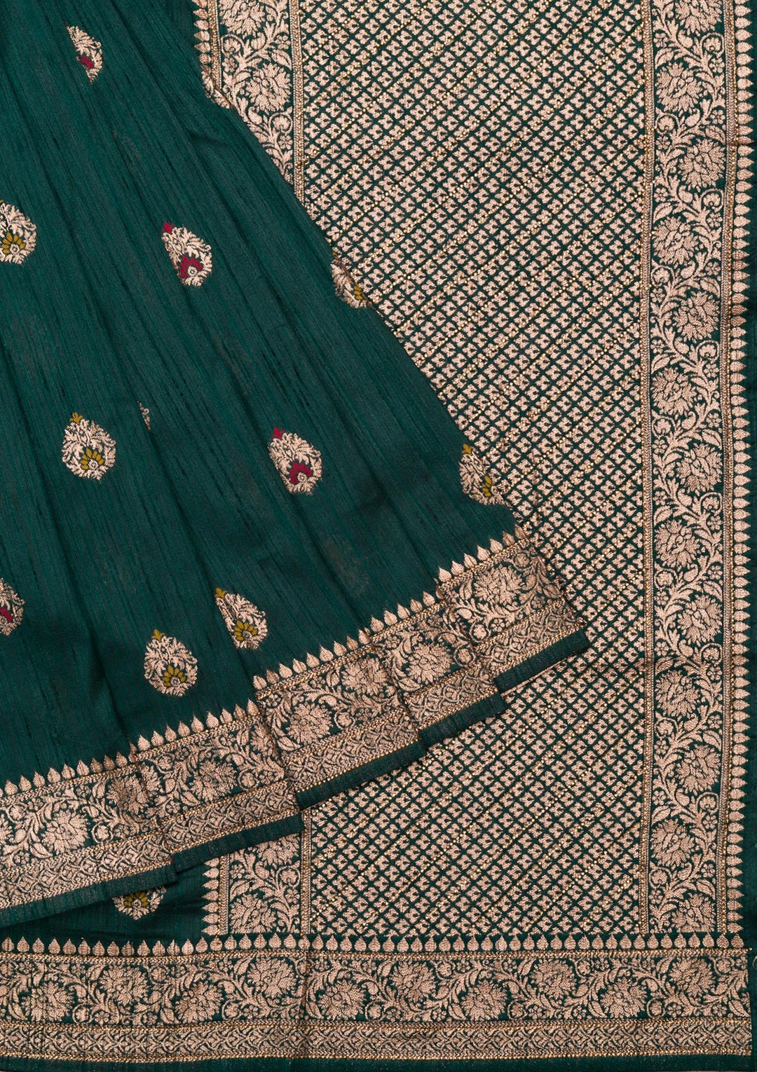 Bottle Green Zariwork Raw Silk Saree-Koskii