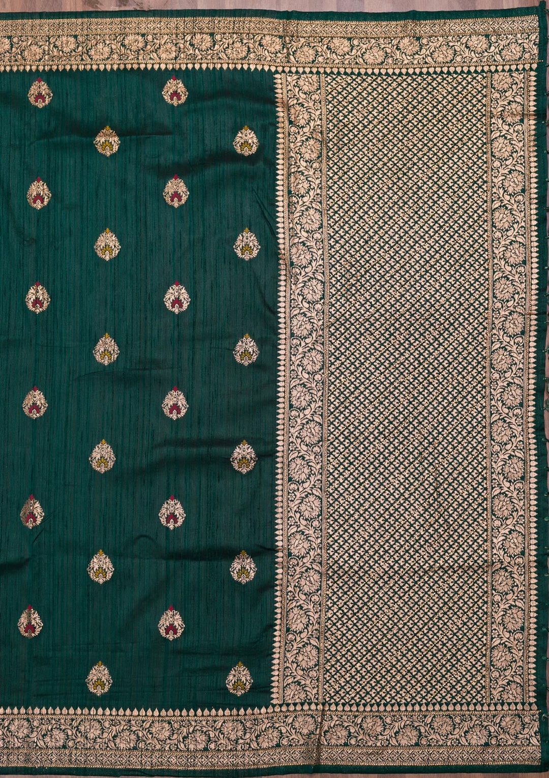 Bottle Green Zariwork Raw Silk Saree-Koskii