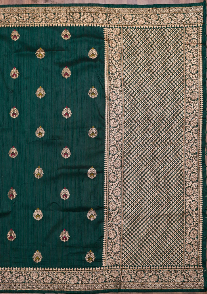 Bottle Green Zariwork Raw Silk Saree-Koskii
