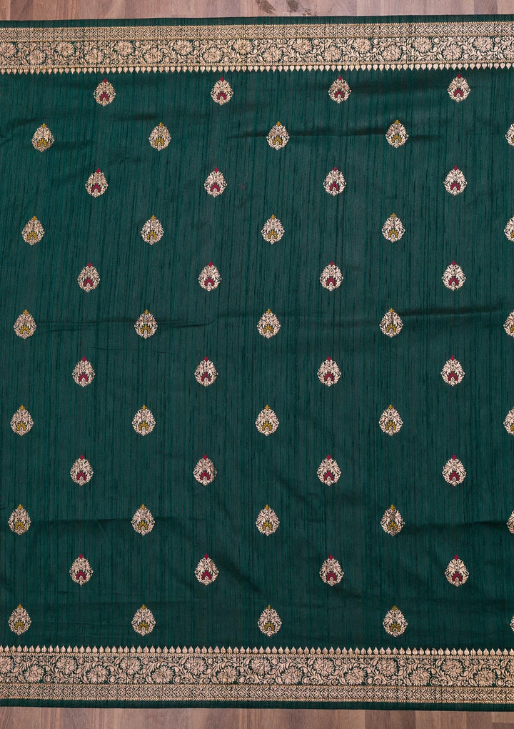 Bottle Green Zariwork Raw Silk Saree-Koskii