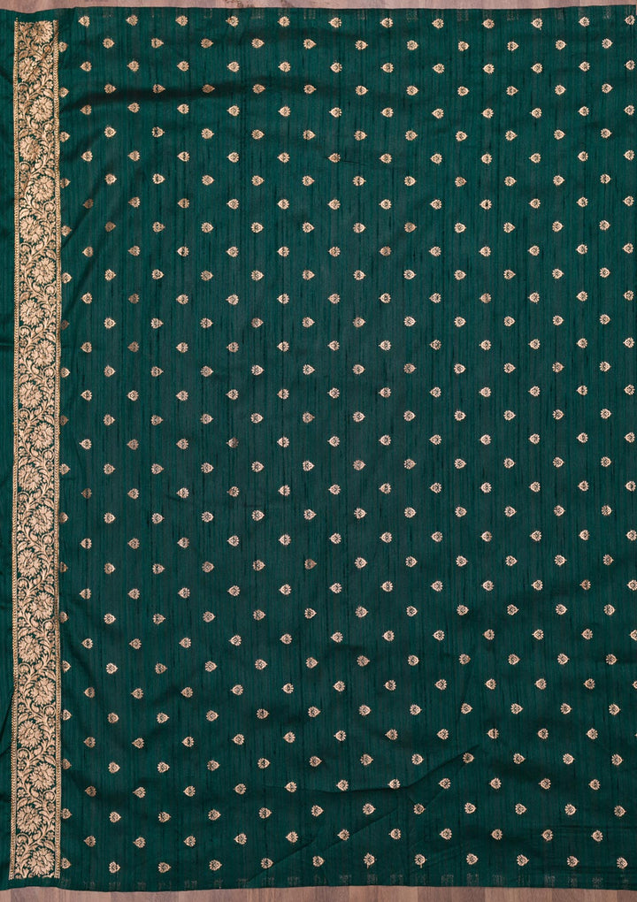 Bottle Green Zariwork Raw Silk Saree-Koskii