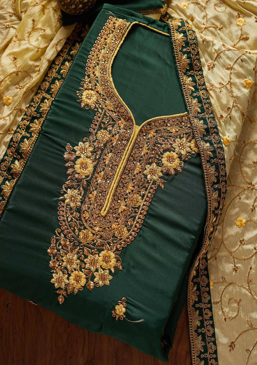 Bottle Green Zariwork Semi Crepe Designer Semi-Stitched Salwar Suit - koskii