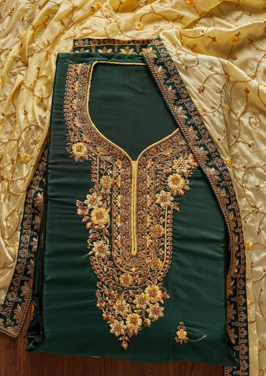 Bottle Green Zariwork Semi Crepe Designer Semi-Stitched Salwar Suit - koskii