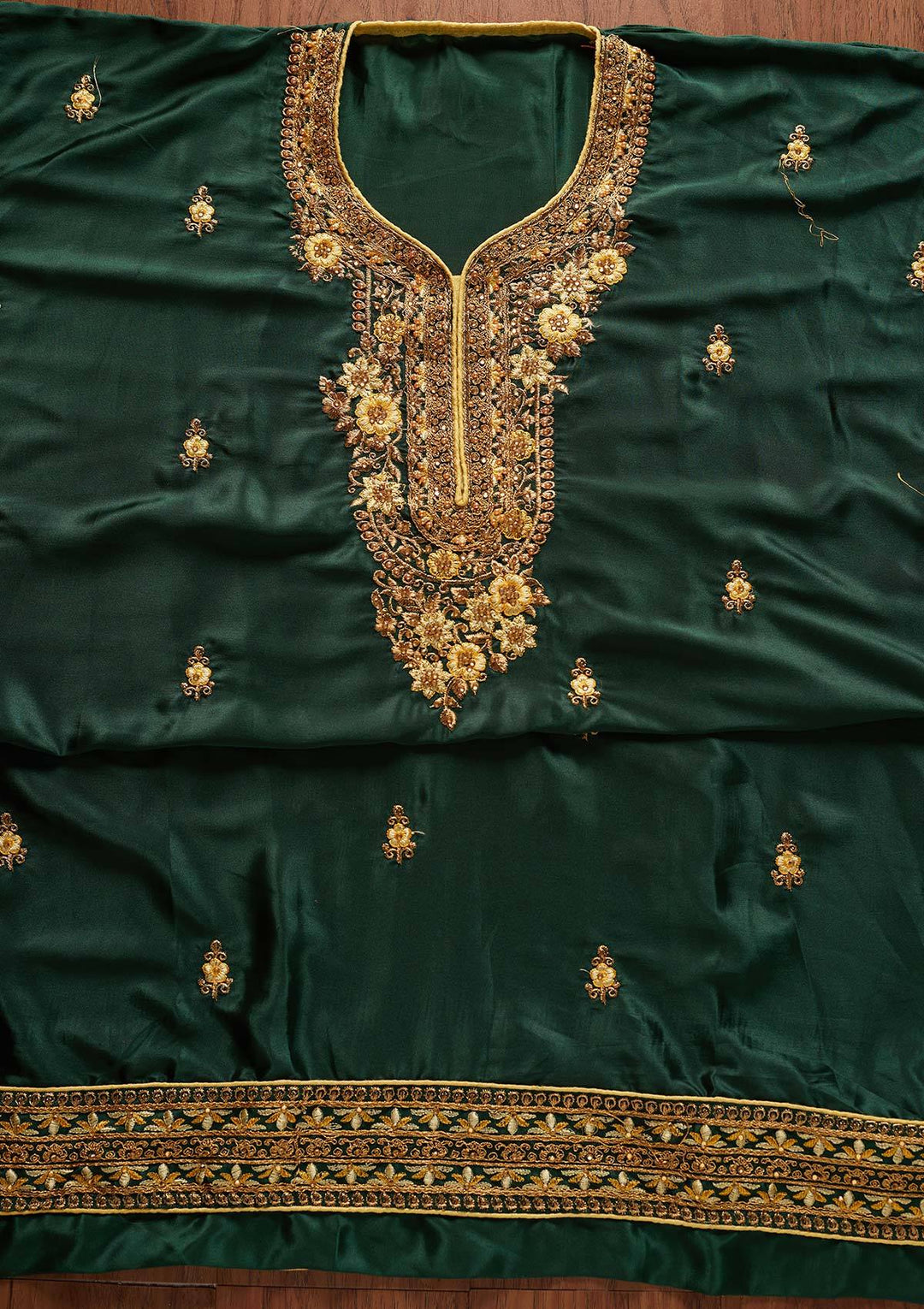 Bottle Green Zariwork Semi Crepe Designer Semi-Stitched Salwar Suit - koskii