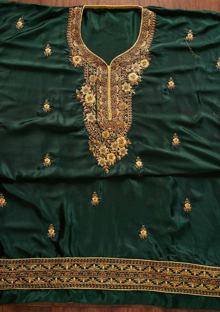 Bottle Green Zariwork Semi Crepe Designer Semi-Stitched Salwar Suit - koskii