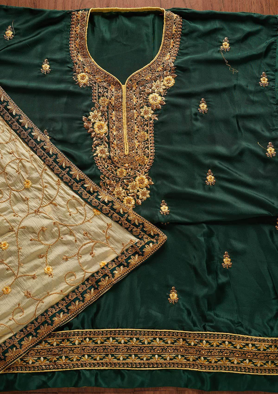 Bottle Green Zariwork Semi Crepe Designer Semi-Stitched Salwar Suit - koskii