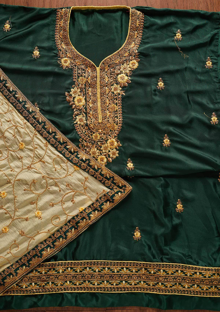 Bottle Green Zariwork Semi Crepe Designer Semi-Stitched Salwar Suit - koskii