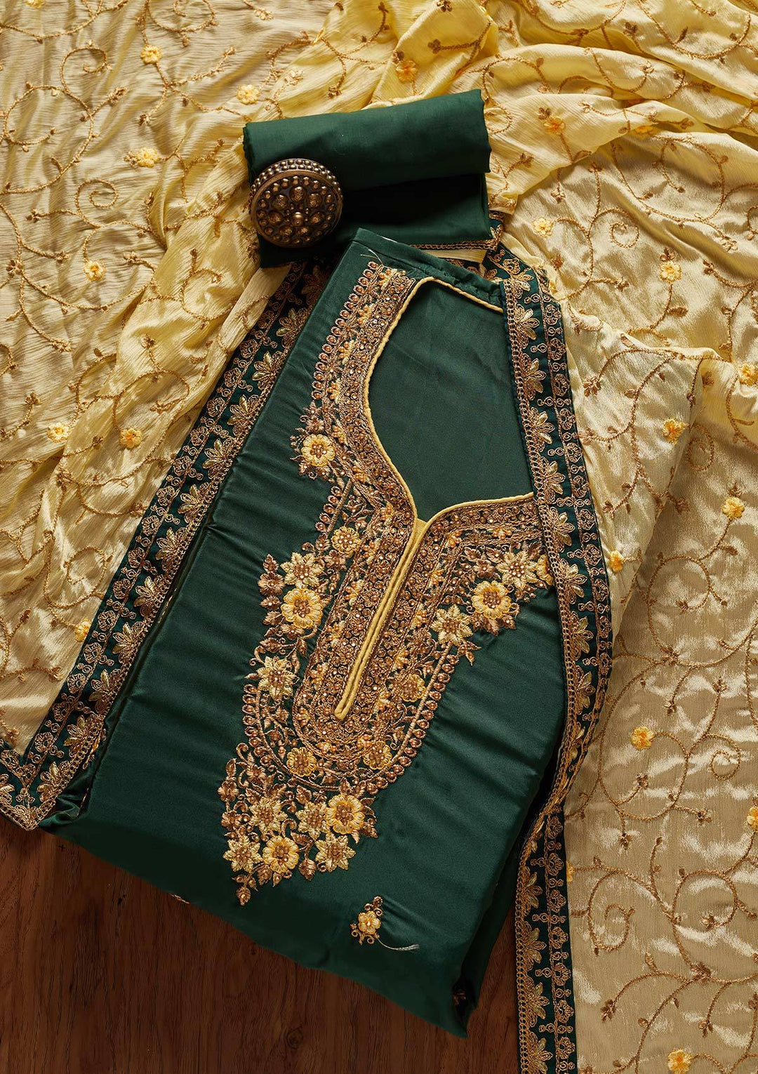 Bottle Green Zariwork Semi Crepe Designer Semi-Stitched Salwar Suit - koskii