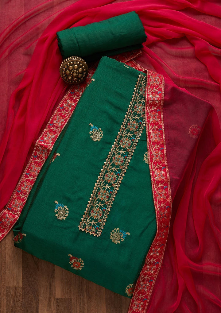 Bottle Green Zariwork Semi Crepe Semi-Stitched Salwar Suit-Koskii