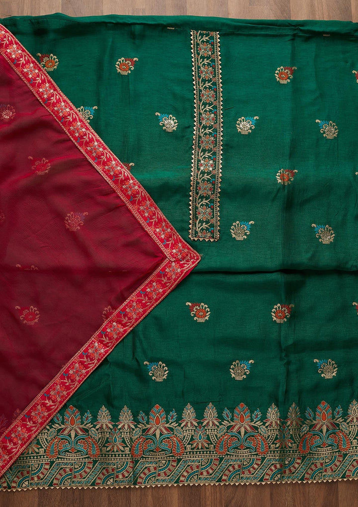 Bottle Green Zariwork Semi Crepe Semi-Stitched Salwar Suit-Koskii